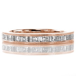 Atlanta has stunning rose gold diamond wedding bands. This exquisite channel setting features princess cut and baguette diamonds in rose gold. 