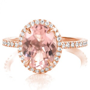 Richmond rose gold engagement ring with oval morganite center stone and micro pave diamonds.