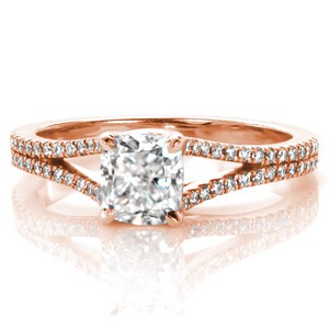 Rose gold engagement ring in Fresno with split shank, cushion center and micro pave diamonds.