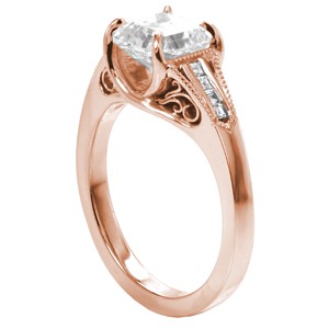 Rose gold wedding ring in Richmond with filigree, channel set carre cut diamonds and asscher cut center stone. 