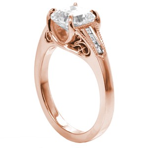 Anaheim rose gold engagement ring with filigree, channel set diamonds and asscher cut center stone.