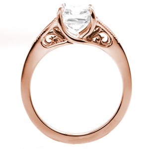 Ottawa rose gold engagement ring with filigree, asscher center and channel set diamonds.