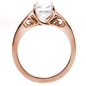 Ottawa rose gold engagement ring with filigree, asscher center and channel set diamonds.