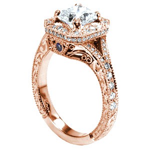 Rose gold engagement ring in Dayton with relief engraving, filigree and diamond halo.