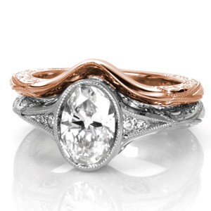 This custom contour band is a perfect match for our Design 3031. The elegant curves of the wedding ring are accented with hand engraved scroll patterns on the top and outer side. Beaded milgrain texture outlines each engraved section like a delicate frame. The band tapers into a knife edge style at the top. 