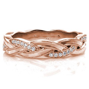 Anaheim rose gold wedding band with overlapping bands and micro pave diamonds.