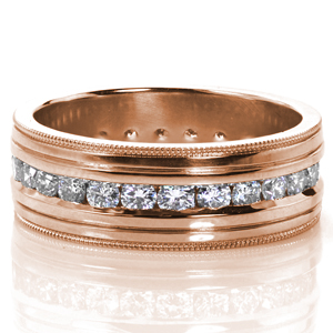 Design 3547 is an opulent design featuring a channel set row of round brilliant diamonds around the center of the band. the flat profile of the top is high polished with beaded milgrain edges and pin-striping details. This sumptuous design is shown with an eternity span.