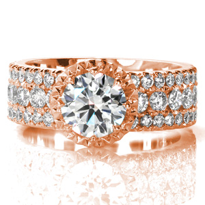 Design 3618 is a beautiful wide band designed with three rows of diamonds. The raised center stone is held in an eight-prong setting. Faceted metal creates a sparkling border around the center stone to mimic a halo. The faux-halo is upraised to allow for a straight wedding band to be worn next to the ring. 