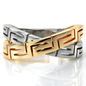 The Greek Key motif took its name from the river Meander in ancient Greece. It became the most important symbol in Ancient Greece, symbolizing infinity or the eternal flow of things. Our Greek Key Ring intertwines two bands of this symbolic pattern in two tones that flow seamlessly from the joined band at the base. 