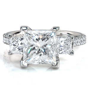 Not your average three stone ring, Design 3753 is sure to catch your eye! It features a staggering 2.70 carat Princess cut center stone, with over a full carat in side stones. The center stone is flanked with two more Princess cut diamonds, and round brilliant stones adorn the cathedral band.