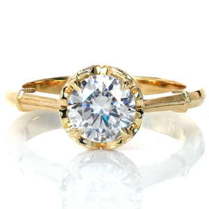 Simplicity, elegance, and femininity are the defining characteristics of our Fiona design. A classic solitaire is dressed up with milgrain-adorned swirls around the four-prong center setting and milgrain wraps around the polished band. A 1.0 carat round diamond is the star of this vintage inspired beauty. 