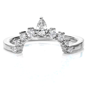 Perfectly contoured to fit around your engagement ring, Design 3784 adds just the right amount of sparkle to your wedding set. A pear shaped diamond is flanked by round brilliant diamonds that taper in size toward the polished band. Like a tiara for your engagement ring, this band adds an elegant flair. 
