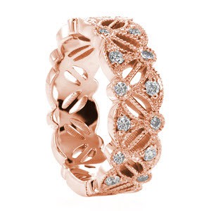 Washington D.C. unique wedding band in rose gold with milgrain texture and diamonds.