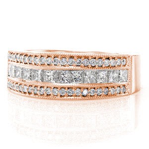 Splendor simply dazzles the eye with its rows of brilliantly faceted diamonds. Square princess cuts are seamlessly arranged channel set along the center of the band. The round micro pavé stones flank each side of the ring adding contrast to this modern design.