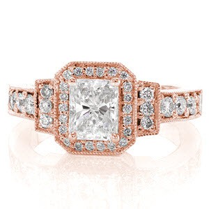 Art Deco engagement ring in Kansas City with radiant center stone and rose gold setting.
