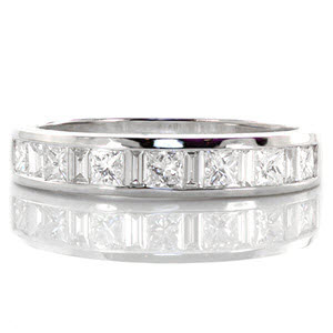 Our unique Autumn Band alternates baguette and princess cut diamonds for a truly sophisticated brilliance. The glimmering band features .78 carats of channel set diamonds. The 14k white gold band is finished in a high polish luster for a sleek and modern look.  