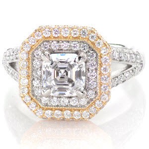 Our Suenos design is a dream come true! With a magnificent two tiered halo design in 14k white and yellow gold the 1.00 carat asscher center is stunningly adorned. micro pavé diamonds embellish all sides of the ring for extra radiance. A three stone peek-a-boo accent adds intrigue and uniqueness. 