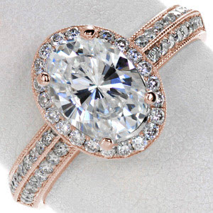 Washington D.C. halo engagement ring with oval center stone, double row diamond band and rose gold setting.
