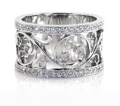 Filigree Wedding Band featuring bead set diamond rails with milgrain framing a beautiful flowing scroll pattern.